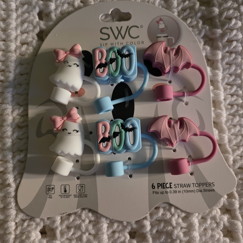 Halloween Straw Toppers Set - Pink, Blue, White